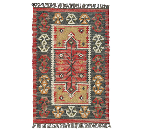 Decorative Jute Kilim rug with intricate patterns on a white background