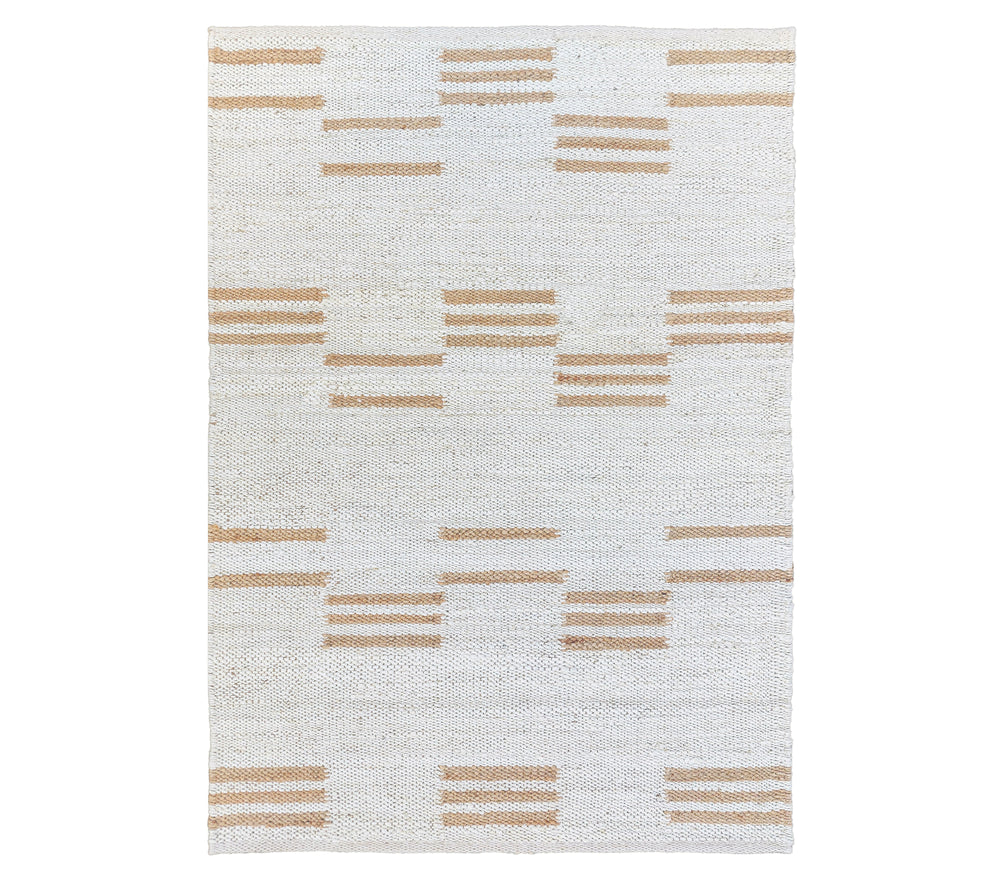 Textured off white jute rug with a pattern of horizontal lines on a white background