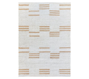 Textured off white jute rug with a pattern of horizontal lines on a white background