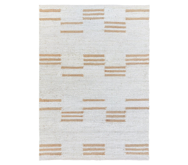 Textured off white jute rug with a pattern of horizontal lines on a white background