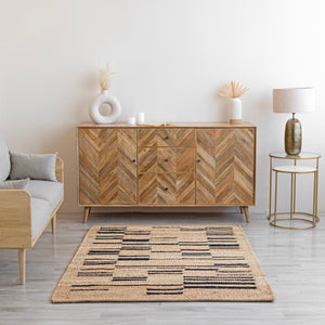 Taari Striped Natural Jute Boho Area Rug, Beige Black
