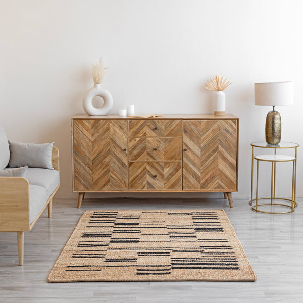Taari Striped Natural Jute Boho Area Rug, Beige Black