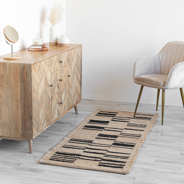 Taari Striped Natural Jute Boho Area Rug, Beige Black