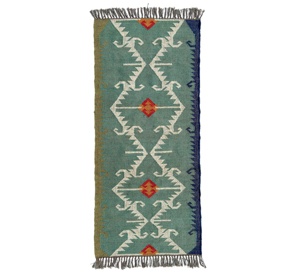 Woven Kilim runner rug with geometric pattern on a white background