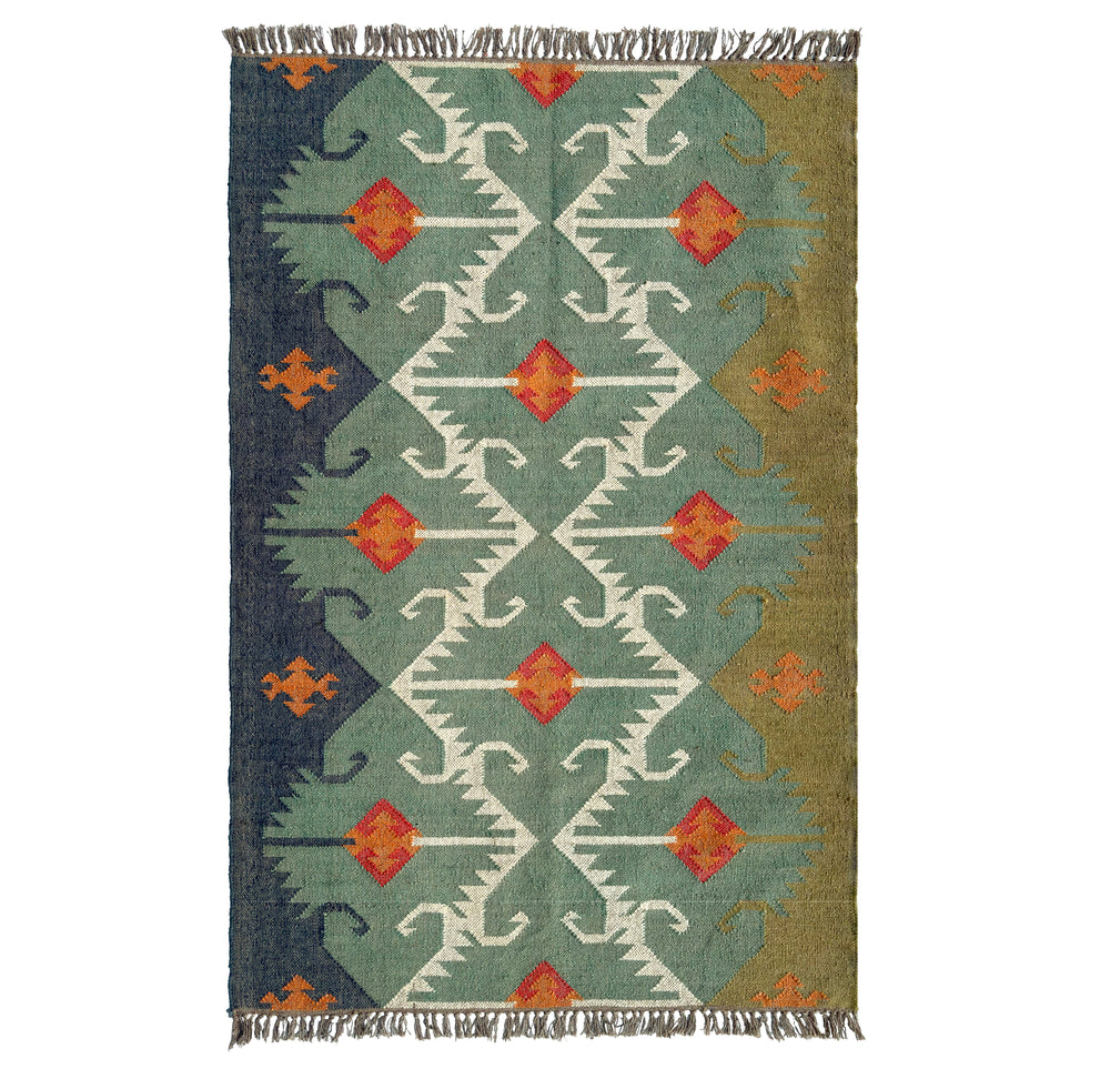 Decorative Jute Kilim rug with geometric pattern on a white background
