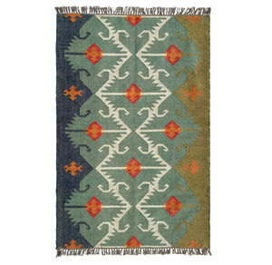 Decorative Jute Kilim rug with geometric pattern on a white background