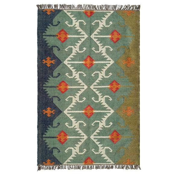 Decorative Jute Kilim rug with geometric pattern on a white background
