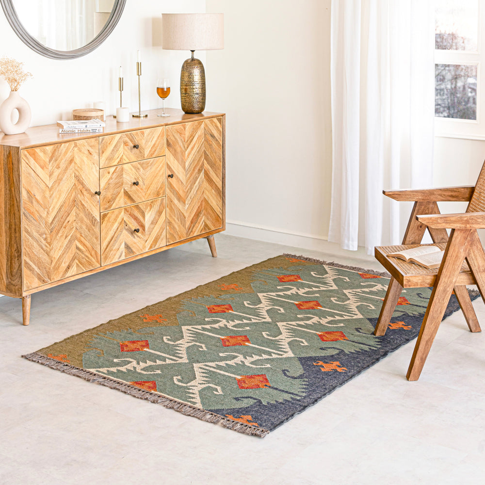 Decorative Jute Kilim rug with geometric pattern on a white background