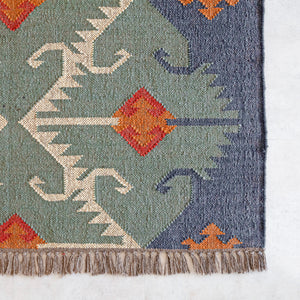 Close-up of a patterned rug with geometric designs on a white background