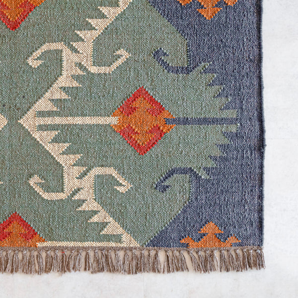Close-up of a patterned rug with geometric designs on a white background