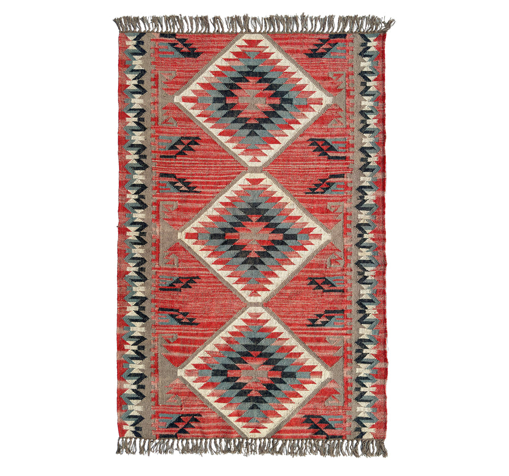 Woven Wool Jute kilim rug with geometric pattern on a white background
