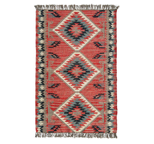 Woven Wool Jute kilim rug with geometric pattern on a white background