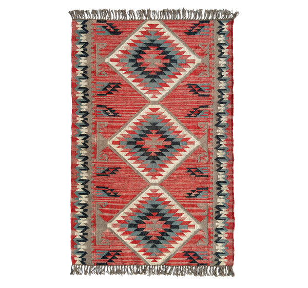 Woven Wool Jute kilim rug with geometric pattern on a white background