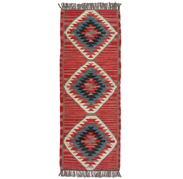 Woven kilim runner rug with geometric pattern on a white background