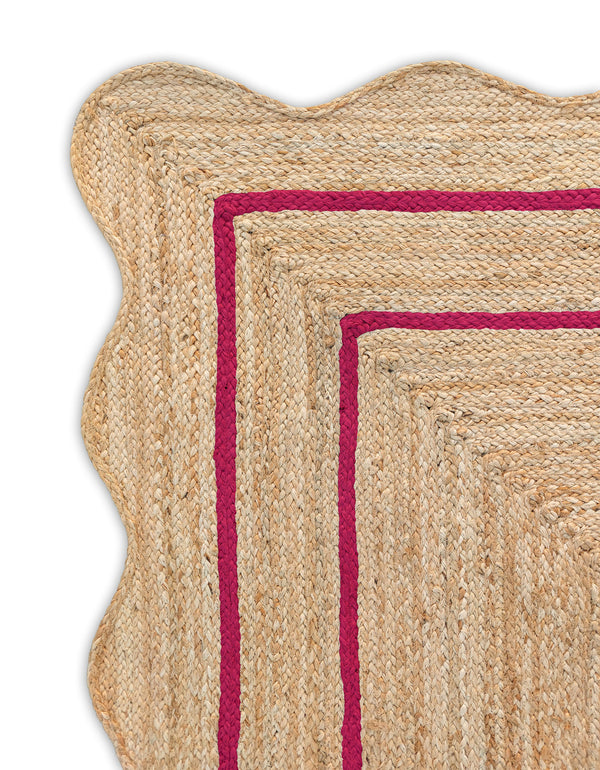Wave Scallop Natural Jute Area Rug Hot Pink Border