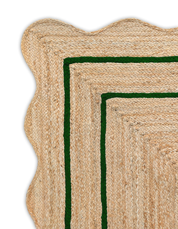 Wave Scallop Natural Jute Area Rug Green Border