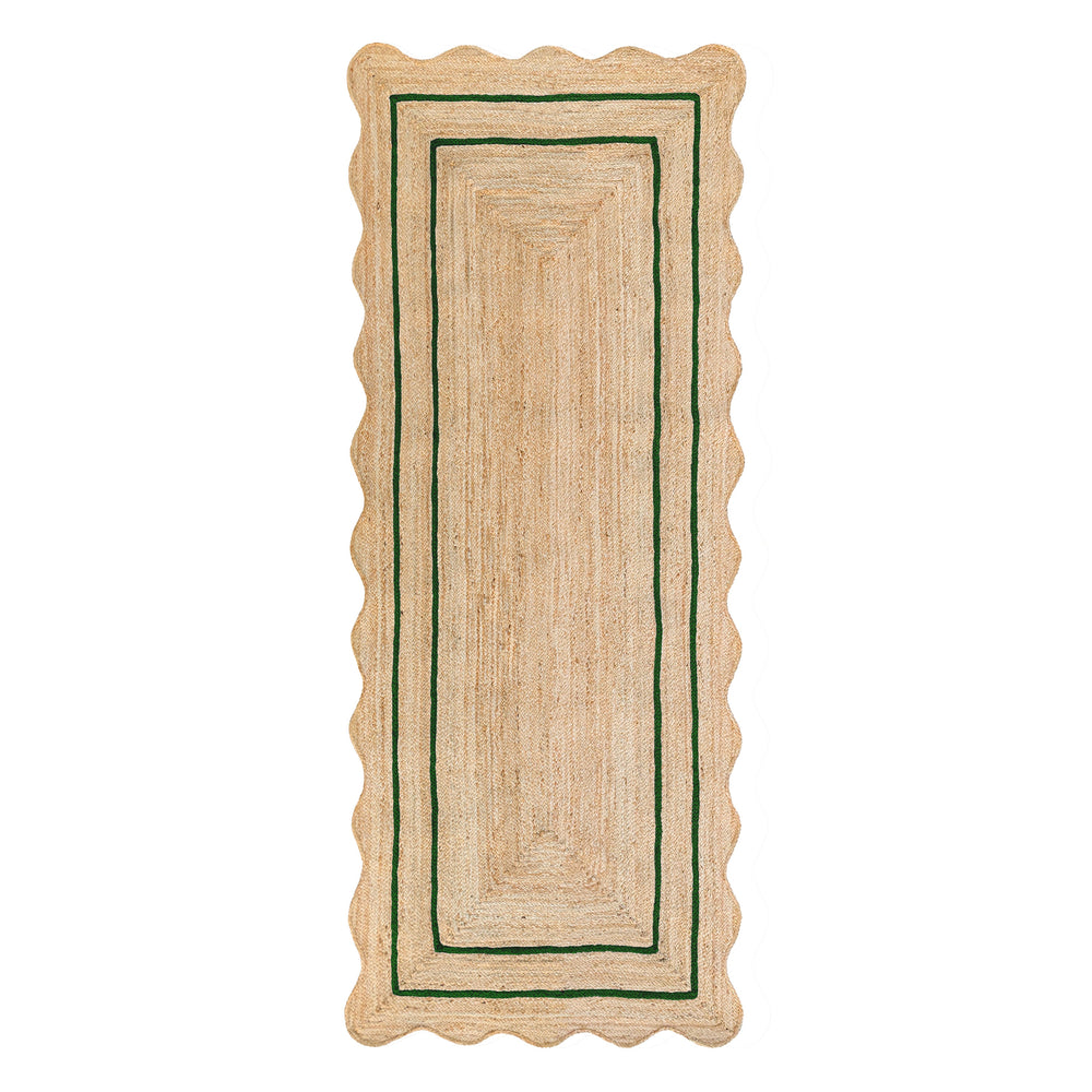 Wave Scallop Natural Jute Area Rug Green Border