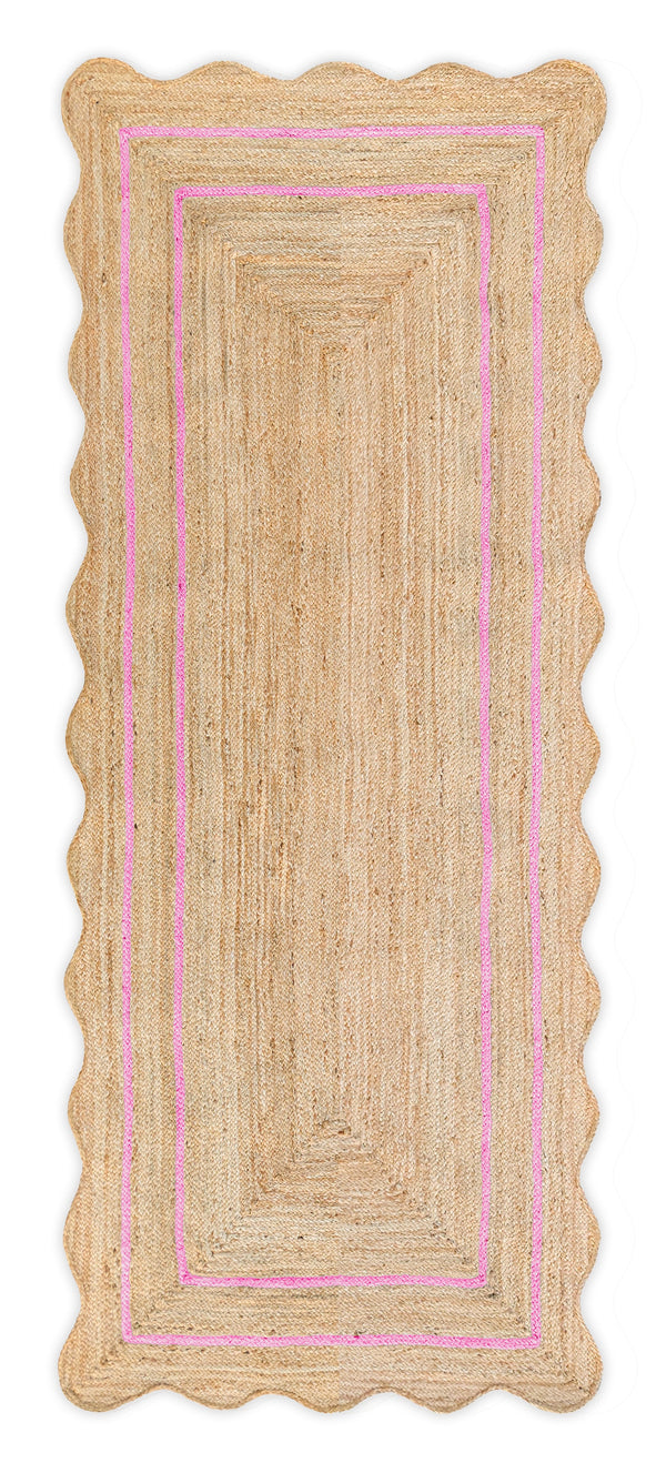 Wave Scallop Jute Runner Rug with Light Pink Border