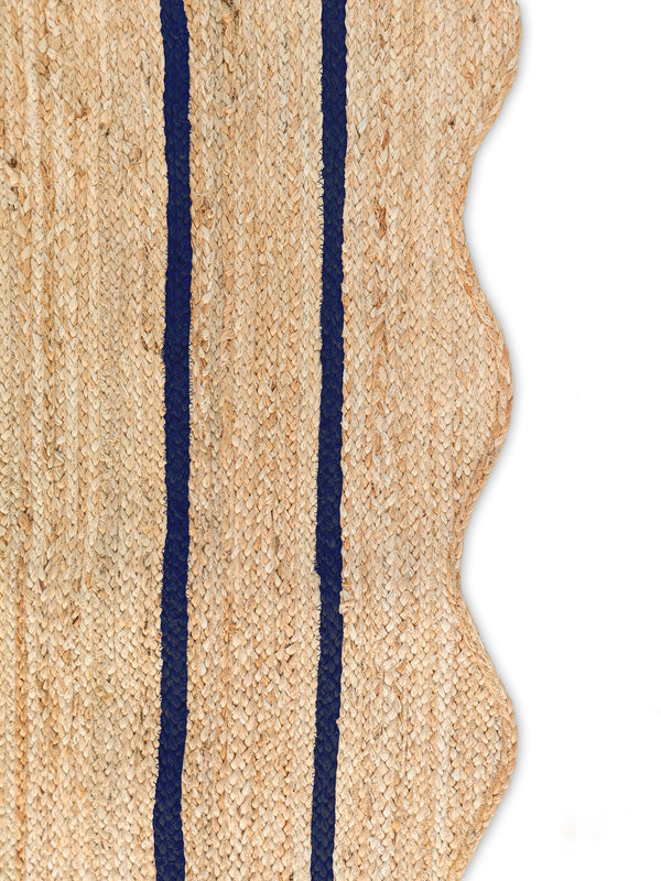 Wave Scallop Natural Jute Area Rug Navy Blue Border