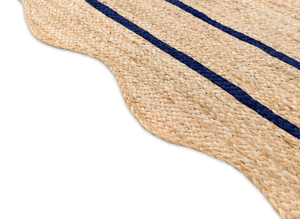 Wave Scallop Natural Jute Area Rug Navy Blue Border