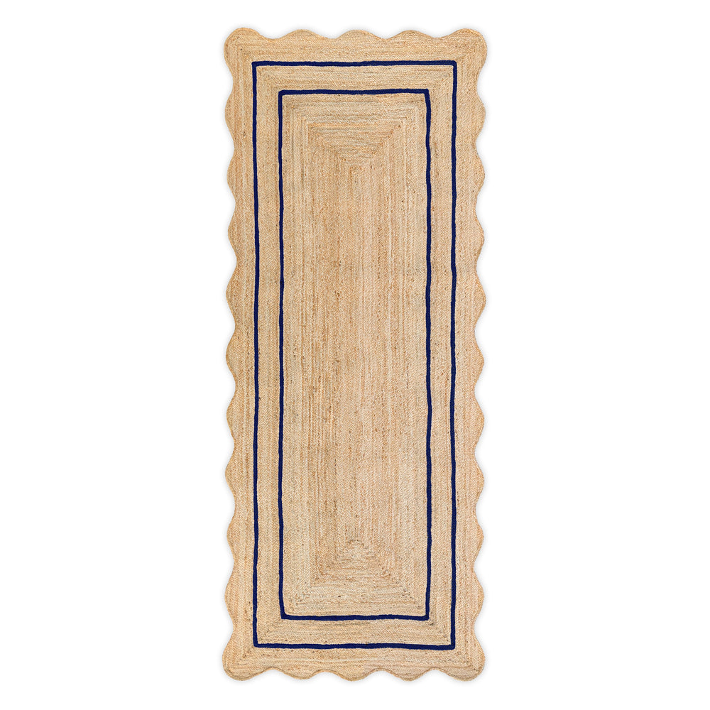 Wave Scallop Natural Jute Area Rug Navy Blue Border