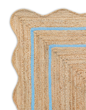 Wave Scallop Natural Jute Area Rug Sky Blue Border
