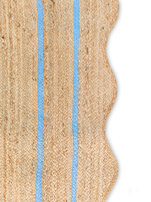 Wave Scallop Natural Jute Area Rug Sky Blue Border