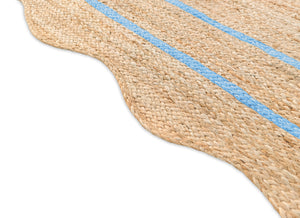 Wave Scallop Natural Jute Area Rug Sky Blue Border