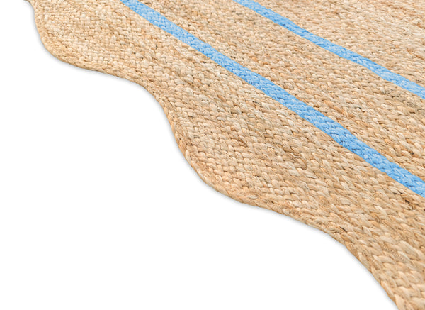 Wave Scallop Natural Jute Area Rug Sky Blue Border