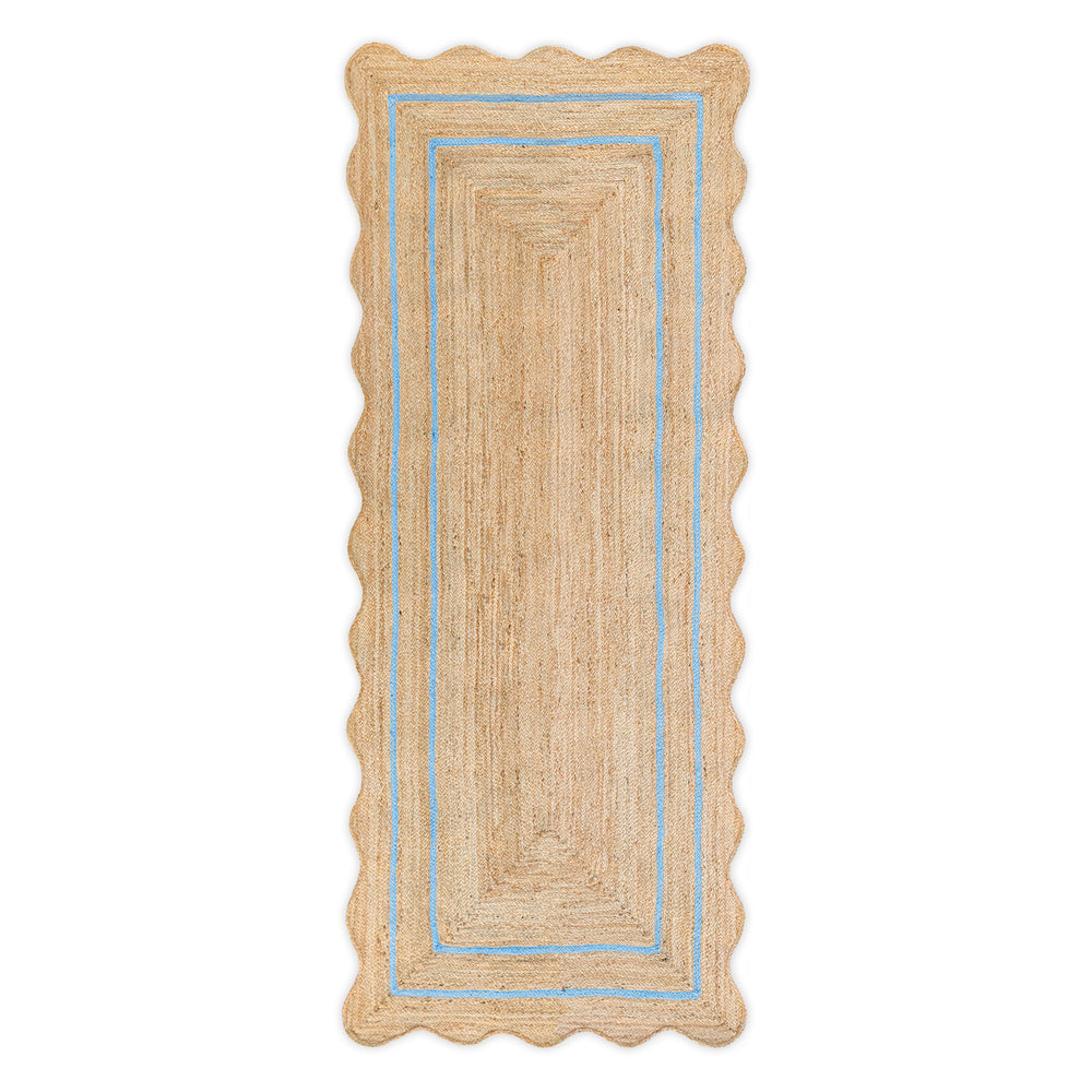 Wave Scallop Natural Jute Area Rug Sky Blue Border