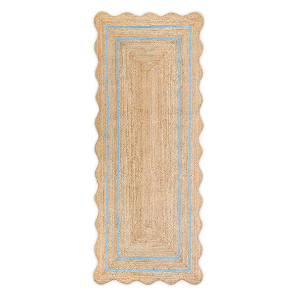 Wave Scallop Jute Runner Rug with Sky Blue Border