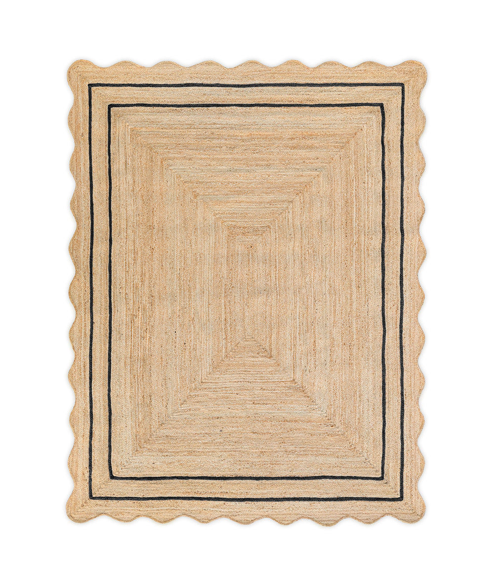 Wave Scallop Natural Jute Area Rug Black Border