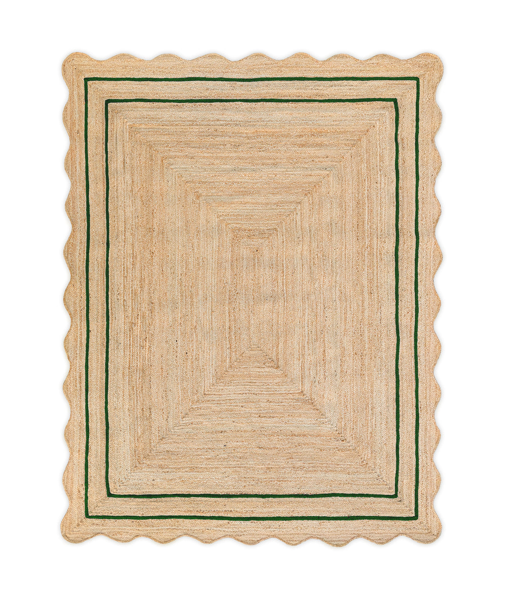 Wave Scallop Natural Jute Area Rug Green Border