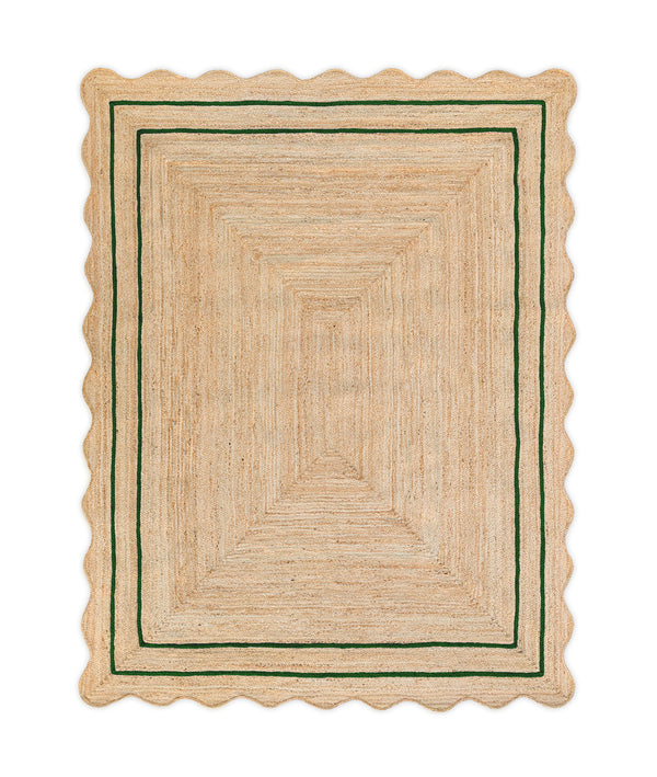 Wave Scallop Natural Jute Area Rug Green Border