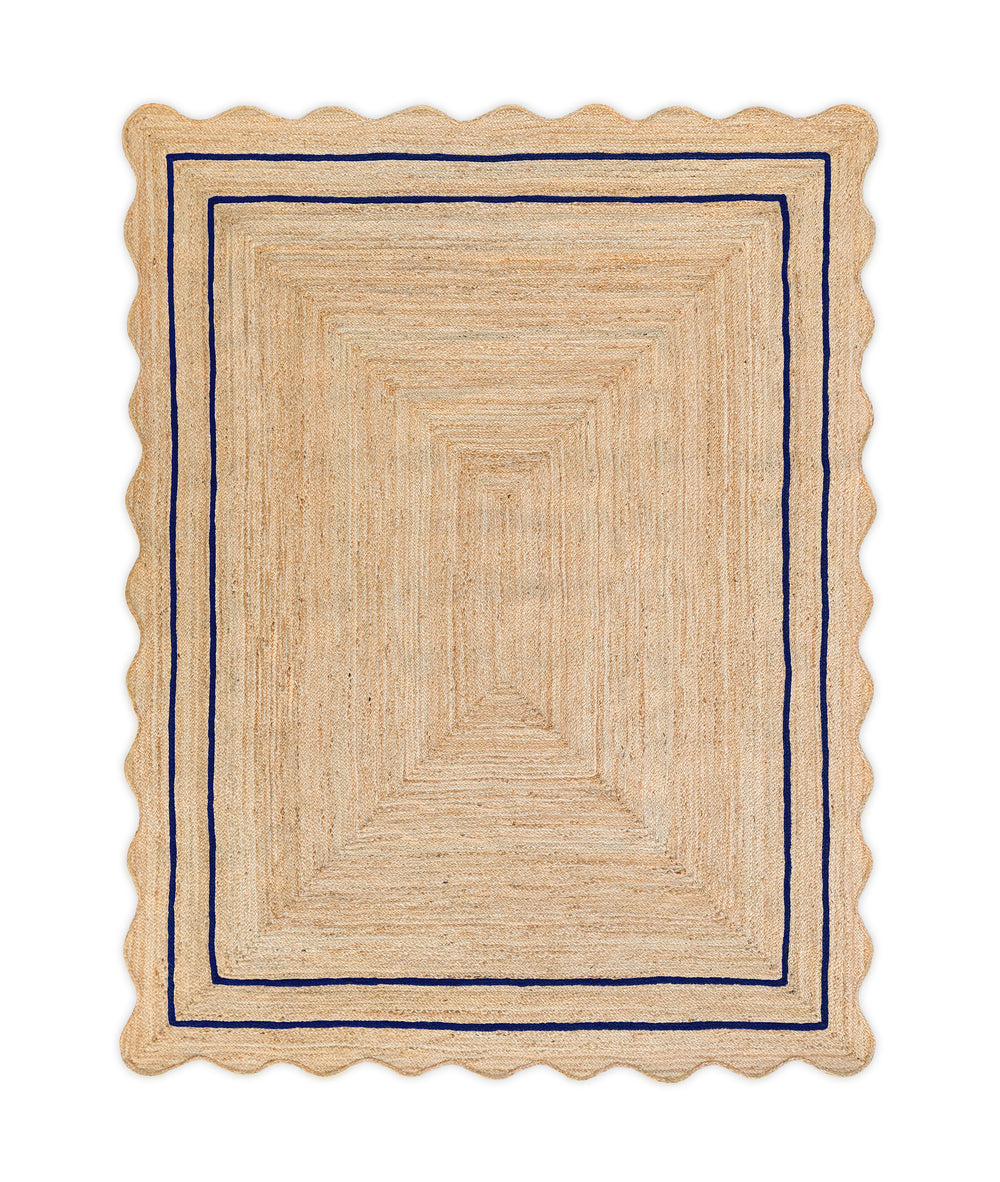 Wave Scallop Natural Jute Area Rug Navy Blue Border