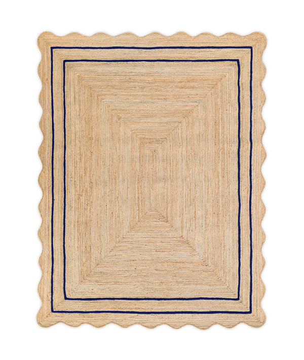 Wave Scallop Natural Jute Area Rug Navy Blue Border