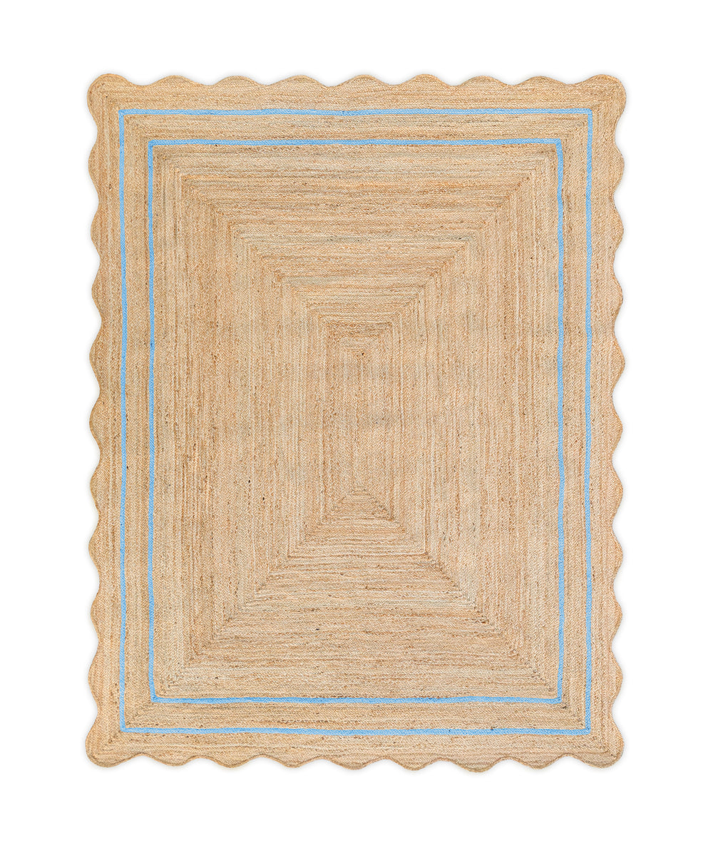 Wave Scallop Natural Jute Area Rug Sky Blue Border