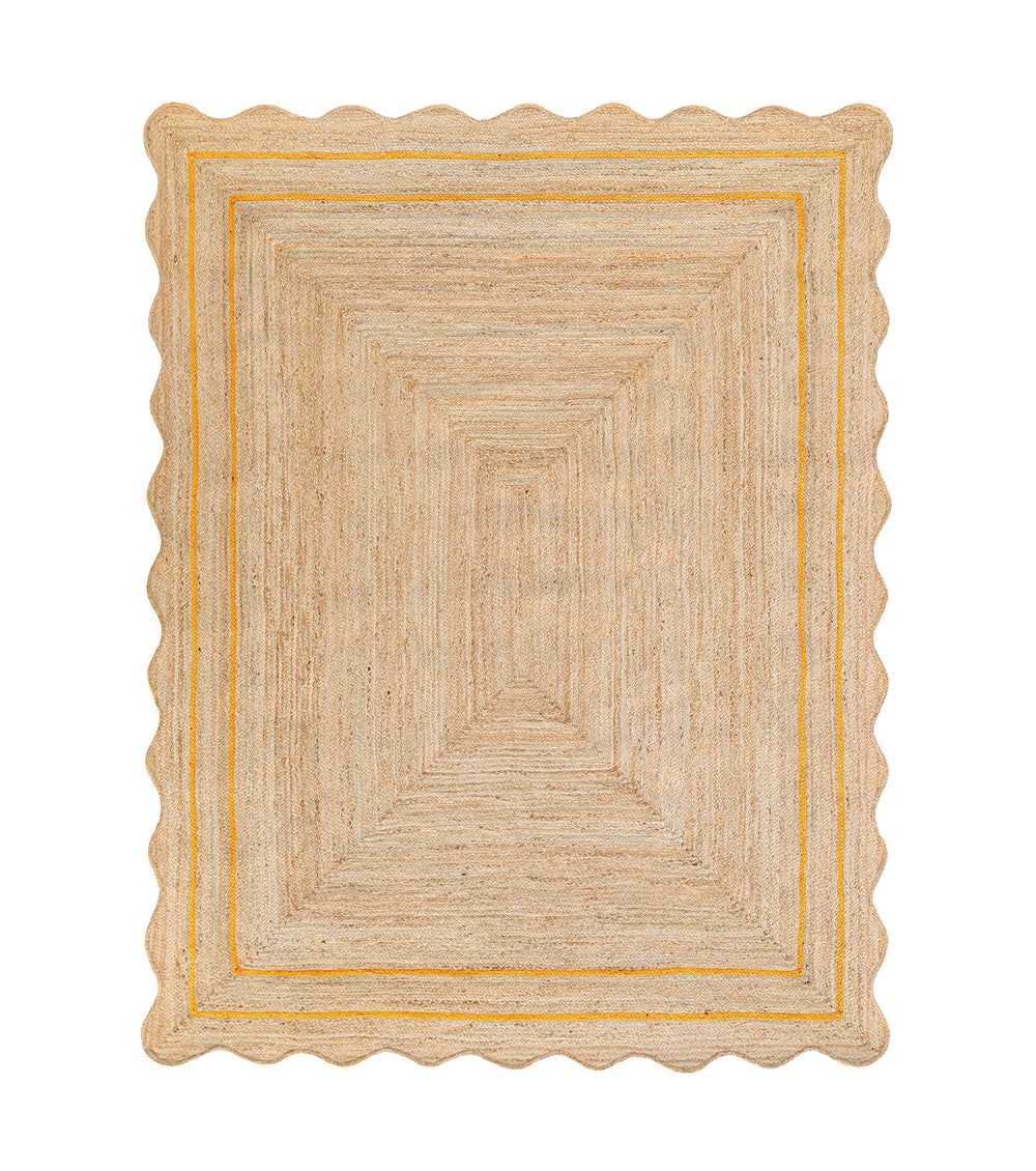 Wave Scallop Natural Jute Area Rug Yellow Border