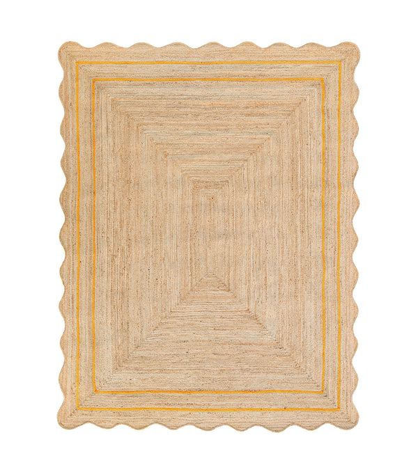 Wave Scallop Natural Jute Area Rug Yellow Border