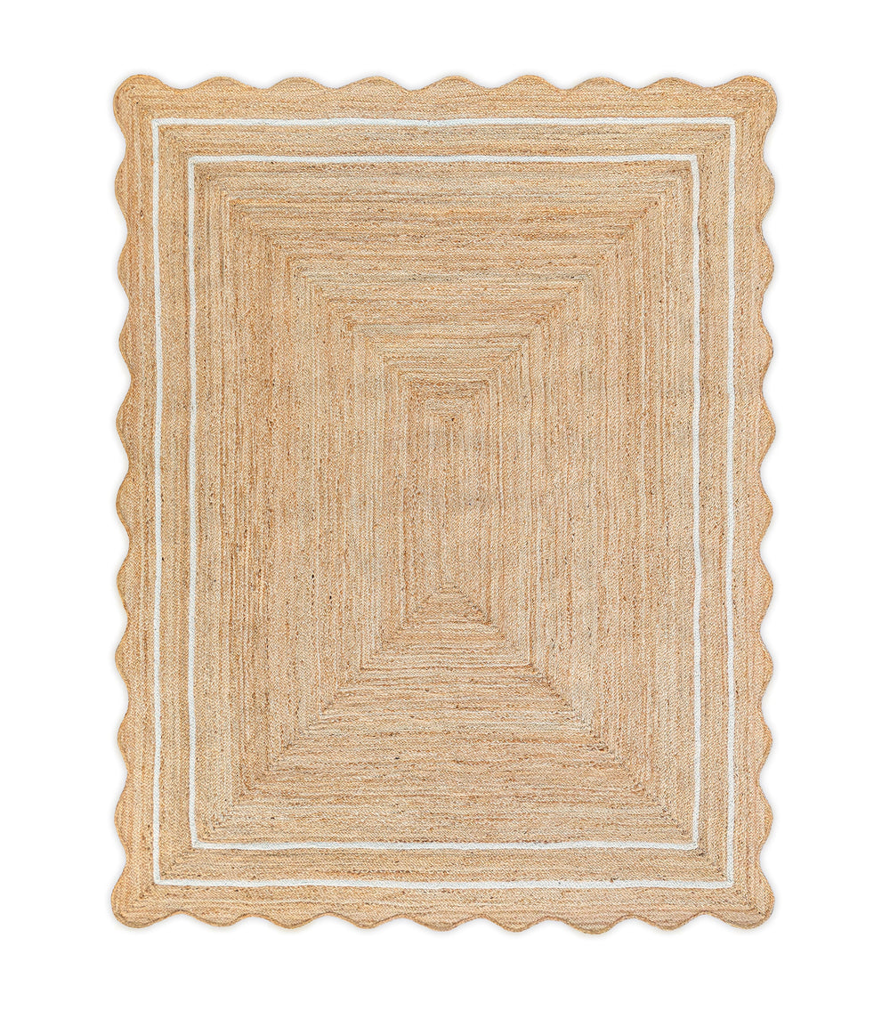 Wave Scallop Natural Jute Rug with off white border