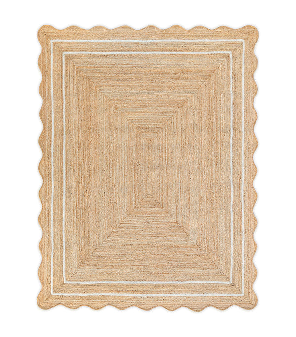 Wave Scallop Natural Jute Rug with off white border